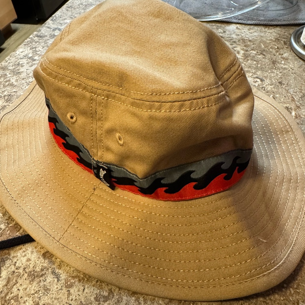 Tan Bucket Hat with Red and Black Wave Design